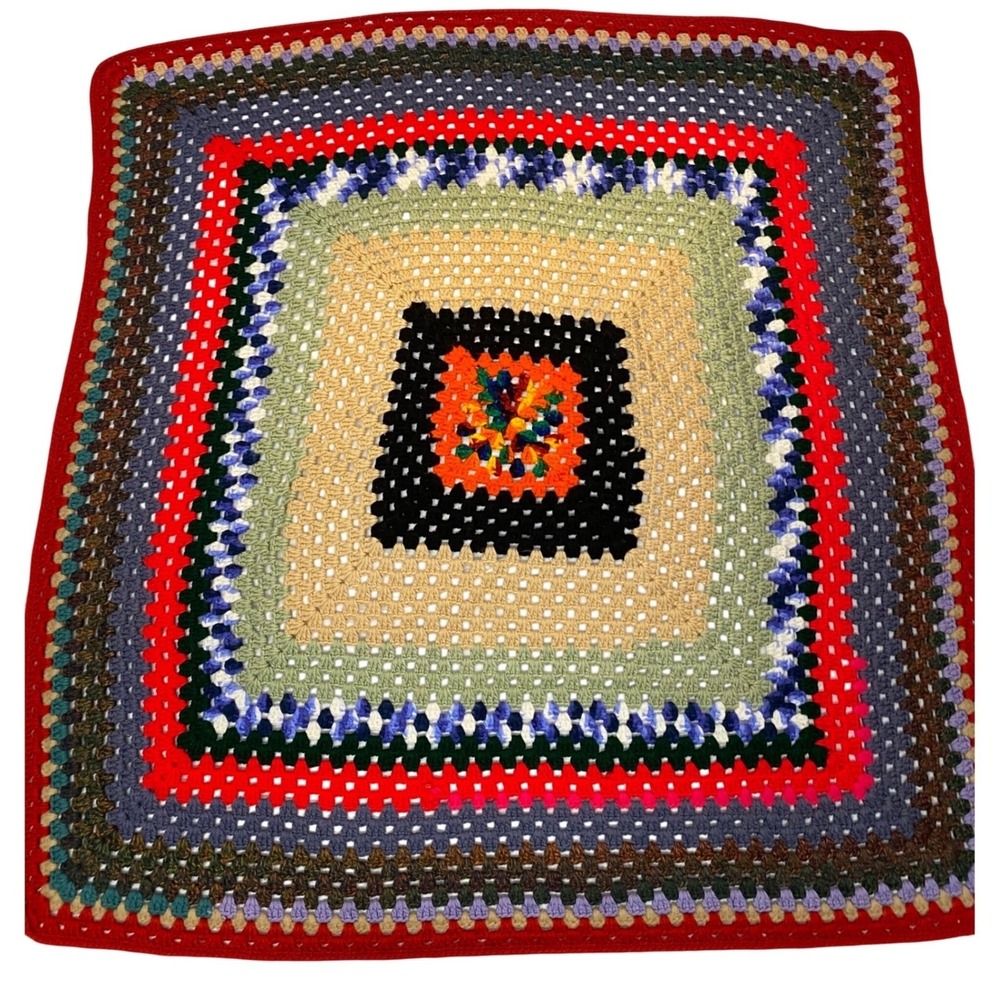 Vintage Handmade Granny Square Blanket Throw 45x45 Multicolor Crochet Boho